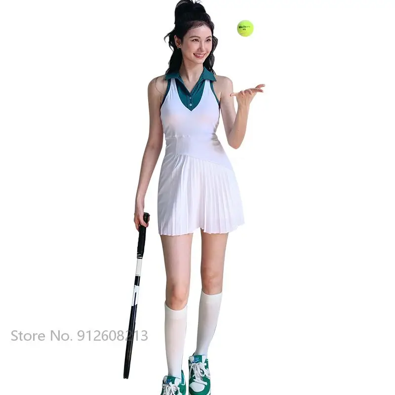New Women V Neck Tennis Dress Workout Tennis Badminton Polo Dresses High Waist Anti-empty Skirt Dress Active Wear with Chest Pad