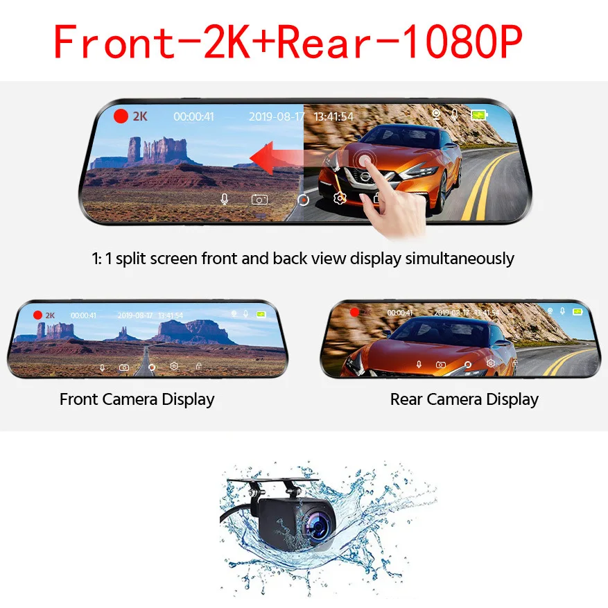 KMIND Car Dashcam 10-inch Full-Screen Streaming Car Recorder 2K HD Rearview Mirror Dual Lens with Reversing Image WIFI,car dash cam