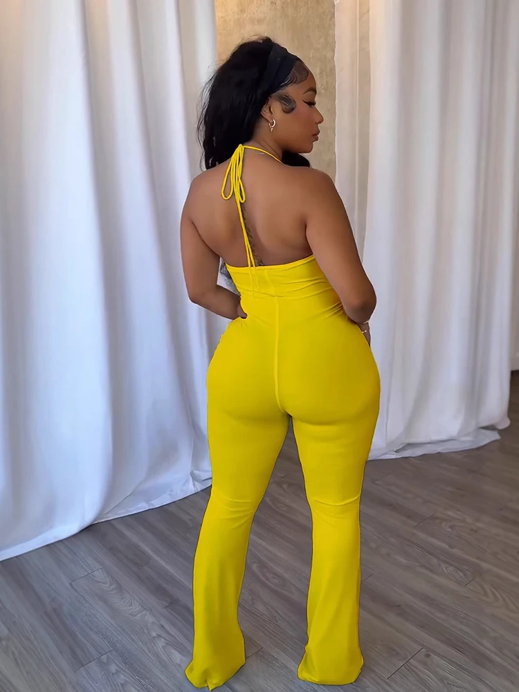 Jumpsuit for Women Summer Slim Halterneck Jumpsuit Deep V Neck Hollow Out Waist One Piece Outfits Sexy Backless Jumpsuit