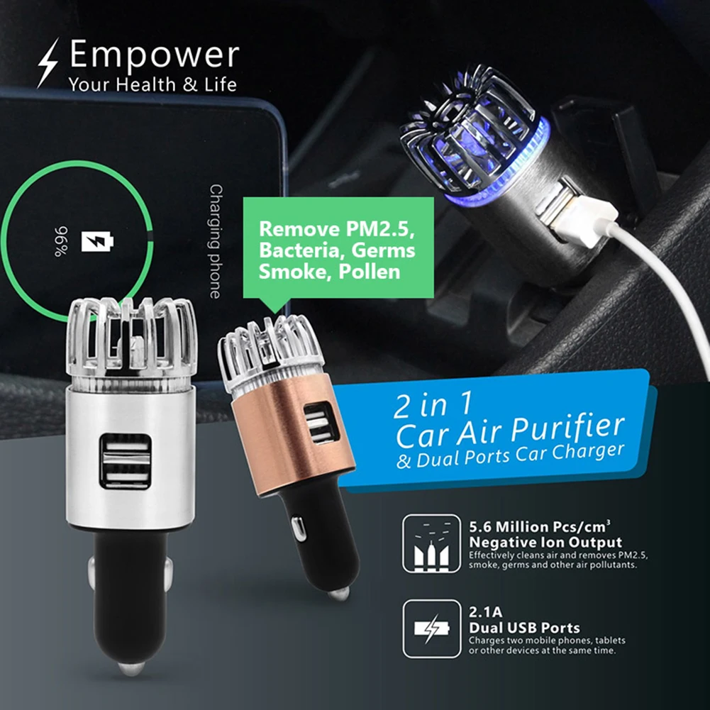 Mini Car Air Purifier Ionizer w/ Dual USB Charger Smoke Odor Eliminator Personal Negative Ion Air Freshener JO-6291