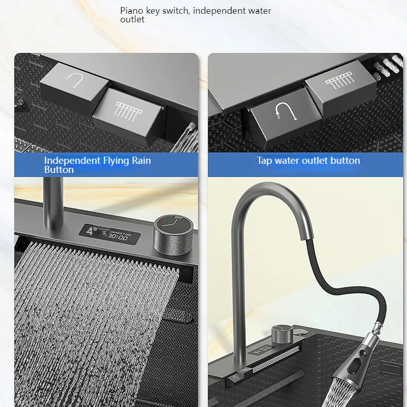 Waterfall Kitchen Sink Stainless Steel Embossed Large Single Slot Digital Display Multifunctional Sinks For Kitchen 4