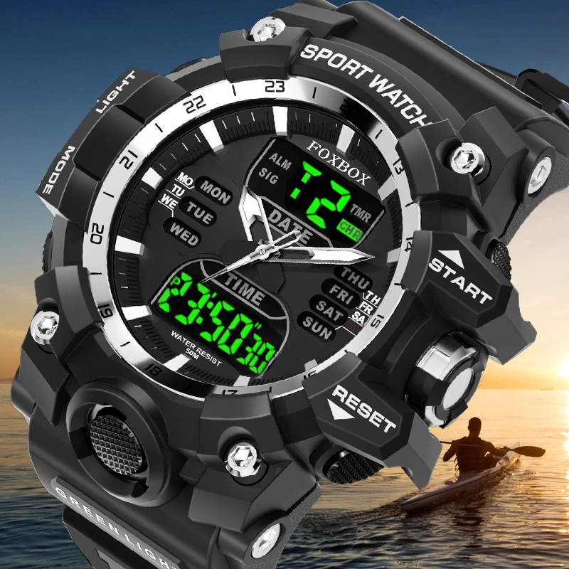 

LIGE Men Sport WristWatches Top Brand FOXBOX Dual Display Men Watch Waterproof Luminous Military Clock Date Quartz Watch For Man