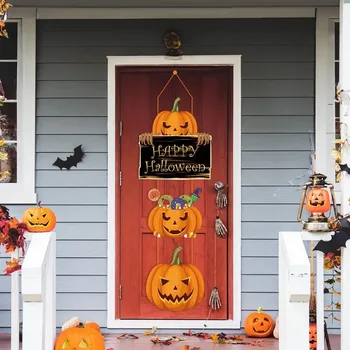 New Halloween Pumpkin Hanging Sign Spooky Witch Bat Trick or Treat Banners Front Door Decor Party Decorations 2