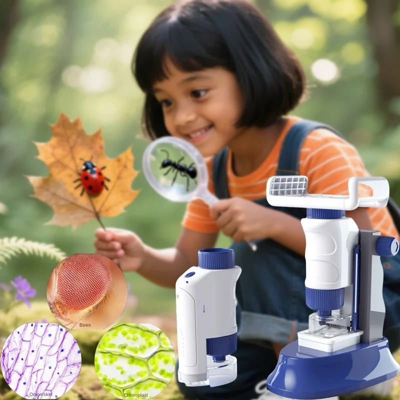 Handheld Microscope Kit Lab LED Light 80X-160X Home School Biological Science Educational Toy for Children Birthday Gift Outdoor