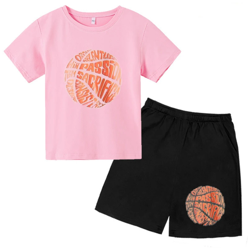 2024 New Fashion Printed Basketball Pattern Summer Children Comfortable Breathable Casual T-Shirt Shorts Two-piece Set