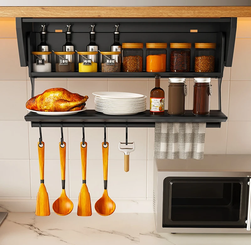 Description Picture 3 of itemKitchen Pull-down Folding Condiment Storage Shelf Space Aluminum Wall Hanging Condiment Rack Under The Cabinet Large-capacity