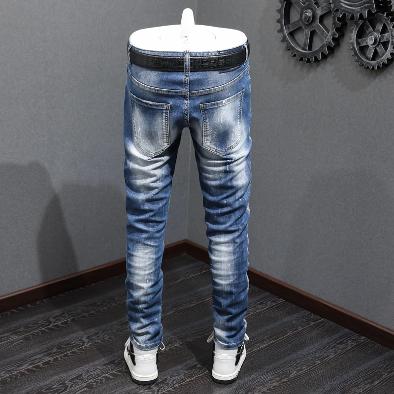 High Street Fashion Men Jeans Retro Blue Elastic Slim Fit Ripped Jeans Men Vintage Designer Stretch Casual Denim Pants Hombre