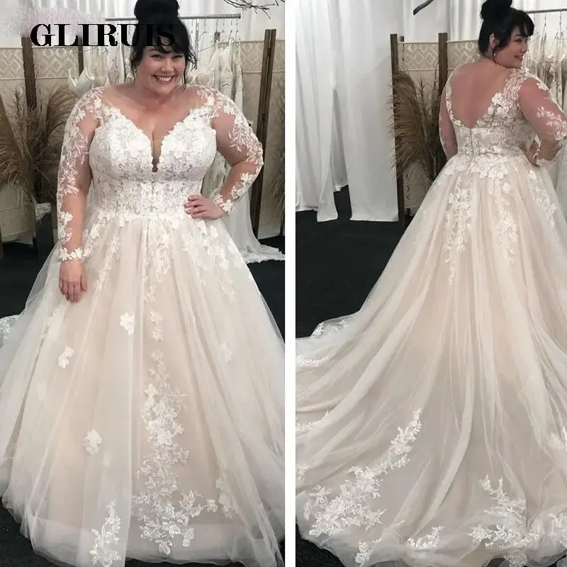 

Plus Size V-Neck Wedding Dresses Sheer Full Sleeves Lace Appliques A Line Tulle Long Dress Bridal Gowns Formal robe de mariee