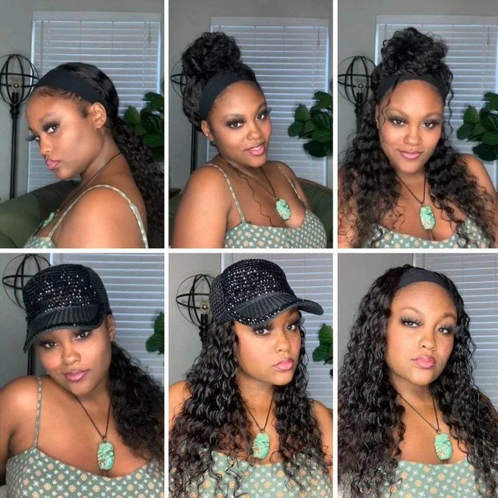 Human Hair Wigs Headband Wig Water Wave Human Hair Wigs Machine Made For Women Glueless Curly With Headband 250% Density Natural Black human hair wigs