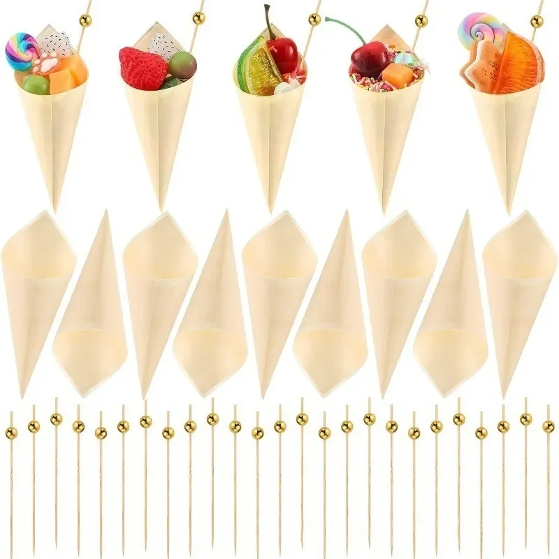 50/100pcs Disposable Wood Appetizer Cones Biodegradable Ice cream Cone Cups Party Container Cone Veneer Roll Candy Snack Cups