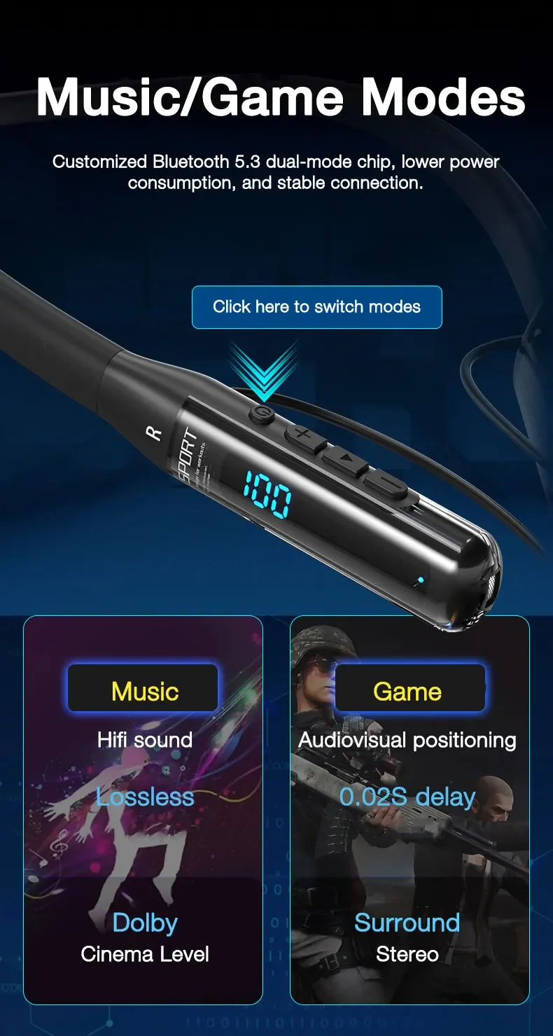 Wireless Bluetooth headset showing magnetic earbud storage.