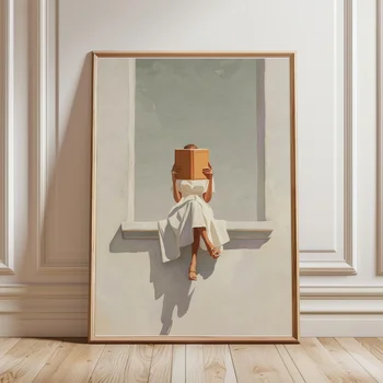 Stampa su Tela Donna che Legge Libri, Poster Moderno Minimalista Neutro, Stampe Artistiche per Soggiorno e Camera da Letto, Decorazione Murale per la Casa