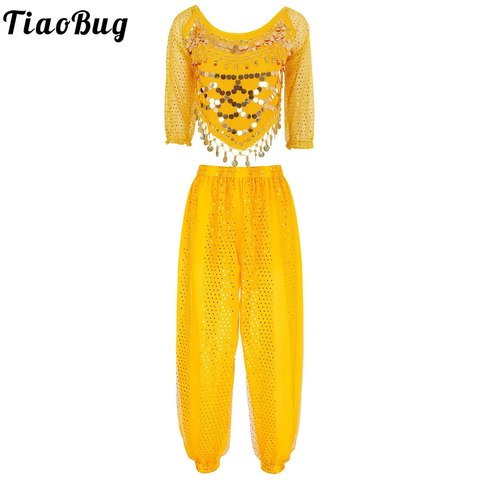 

Women Femme Bollywood Belly Dance Costumes India Arabian Outfits Coins Lace-up Back Top Bloomers Pants Halloween Costume Cosplay
