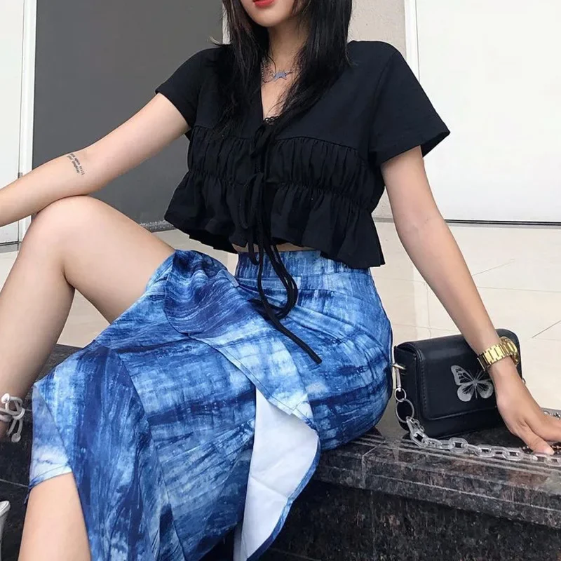 

2024 Women Navel Black Short Sleeve Streetwear T-shirt Harajuku Goth Sexy V-neck Shirring Punk Loose Top Y2K Basic Kawaii Tees