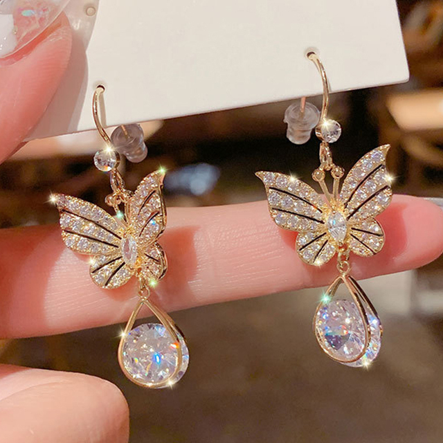 Elegant Cute Rhinestone Butterfly Stud Earrings For Women Girls Fashion Metal Chain Earring Wedding Party Jewelry Gifts