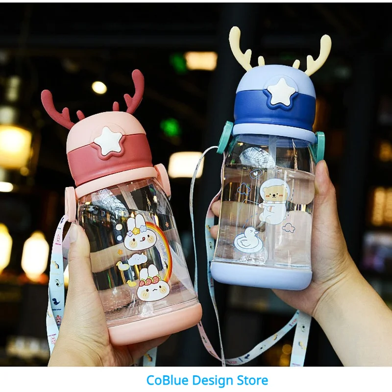 1pc 480ml grey children's water bottle, cartoon ship graphic leak proof cup  suitable for boys and girls, portable travel baby feeding cup