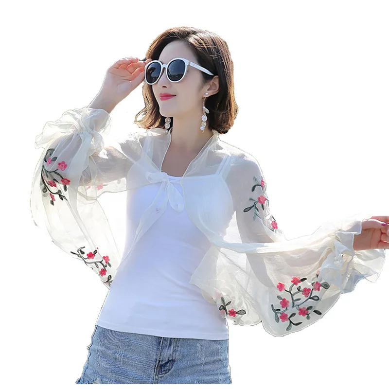 Women Long Casual Embroidered Floral Sun Protection Sleeves Beach Shawl Shirt Chiffon Driving Scarf Arm Warmers