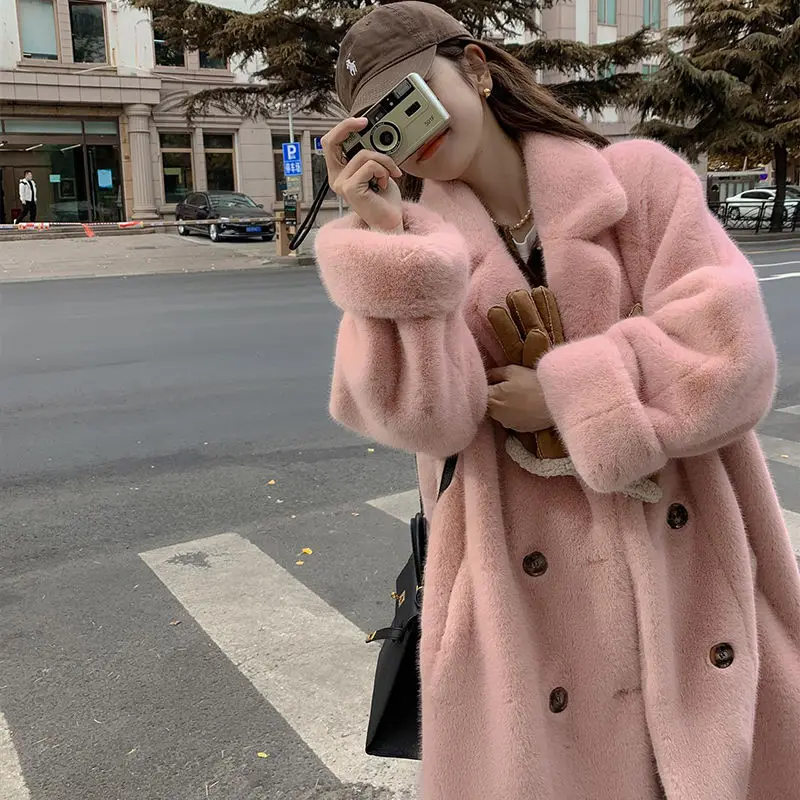 2023 Autumn and Winter New Women Faux Fur Coat Loose Thicken warm Long outwear Suit Collar imitate Mink-like Wool Fur Overcoat