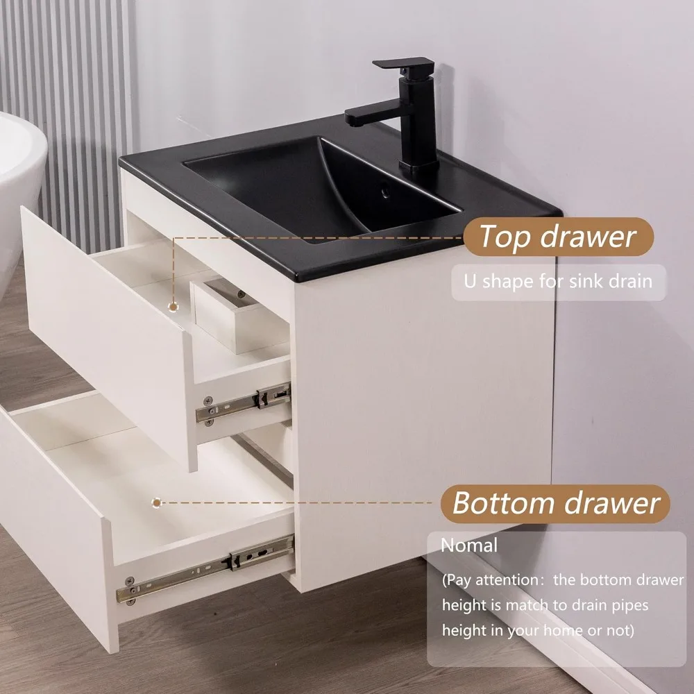 Bathroom Organizers, 24" Wall Mounted Bathroom Vanity With Sink Floating Vanity Two Drawers Bathroom Cabinet With Ceramic Integr 5