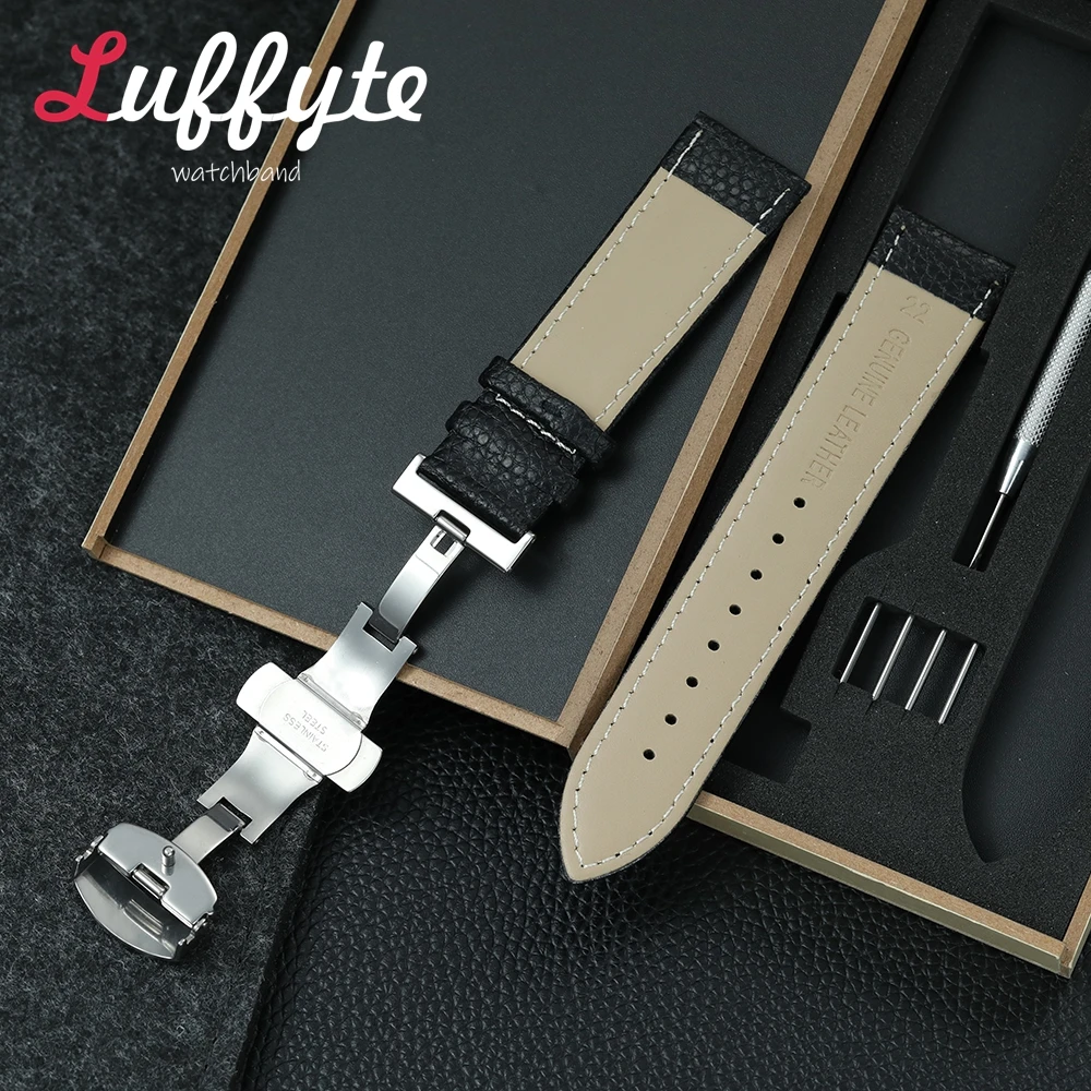 Litchi Grain Leather Watchband with Gift Box - Fashionable Business Watch Strap with Butterfly Buckle