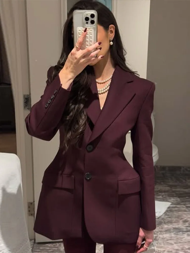 Elegant Solid Slim Blazer Jacket Women Long Sleeve Lapel Shoulder Pads Single Breasted Coat 2025 Spring Lady Office Outwear 2