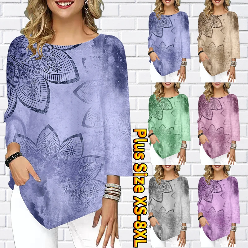

2023 Winter Women Vintage T-shirt Round Neck Elegant Tops Autumn Loose Size Tee Shirt New Design Printing Long Sleeves XS-8XL