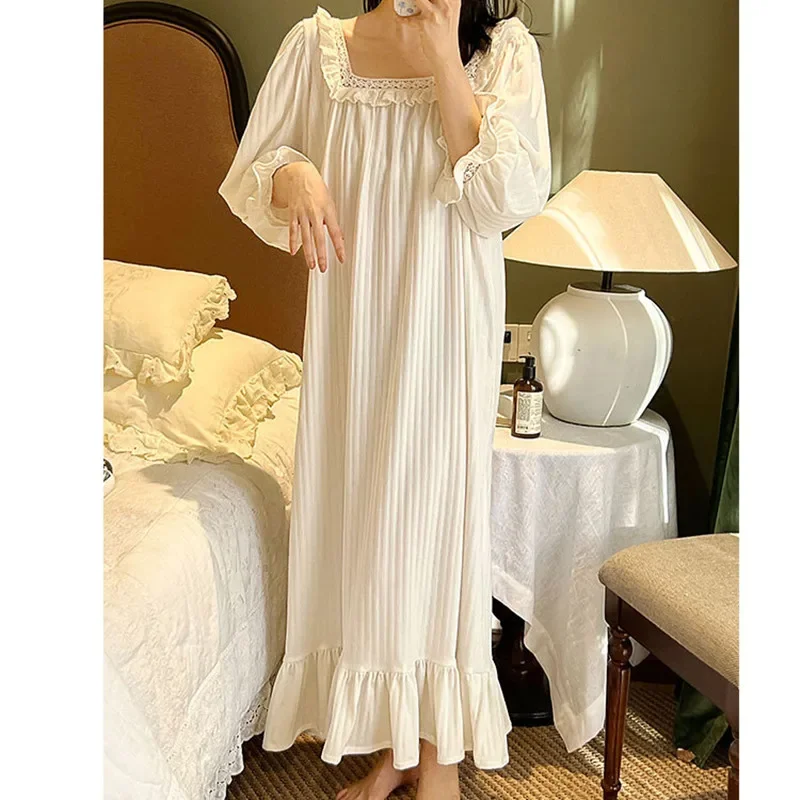 Colore Bianco Plus Size Abito Da Notte In Cotone Per Donna Vintage Stile Lungo Colletto Quadrato Camicie Da Notte Primavera Maniche Lunghe Pigiameria 