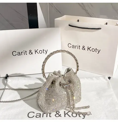 Rhinestones Diamond Evening Clutch Bag Luxury Designer Metal Ring Women's Handbag Wedding Party Bling Bucket Purse Shoulder Bag - Image 3
