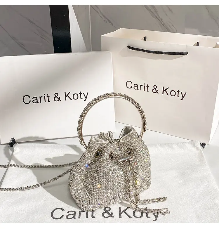 Rhinestones Diamond Evening Clutch Bag Luxury Designer Metal Ring Women's Handbag Wedding Party Bling Bucket Purse Shoulder Bag - Image 3