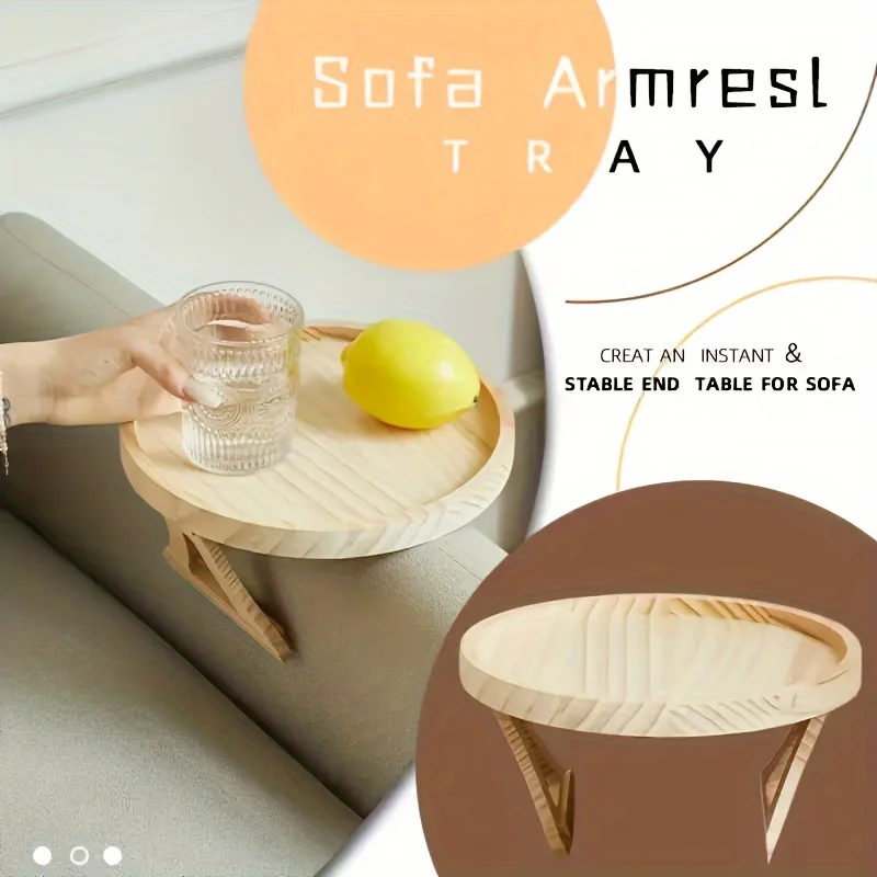 1pc Foldable Sofa Armrest Tray Wooden Round Plate Snack Table, Clip-on Sofa Side Table, Portable Small Spaces Side Table