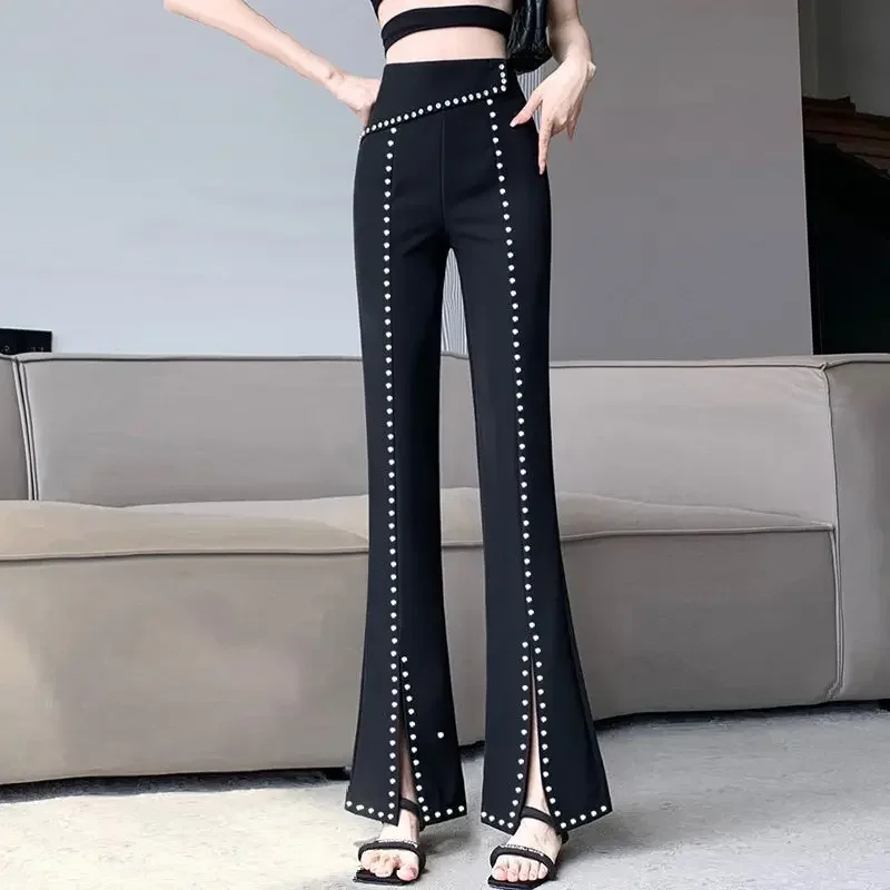 

Korean Fashion Women Black Flare Pants Spring Autumn Slim High Waist Streetwear Casual Split Allmatch Y2K Diamond Trousers LJ401