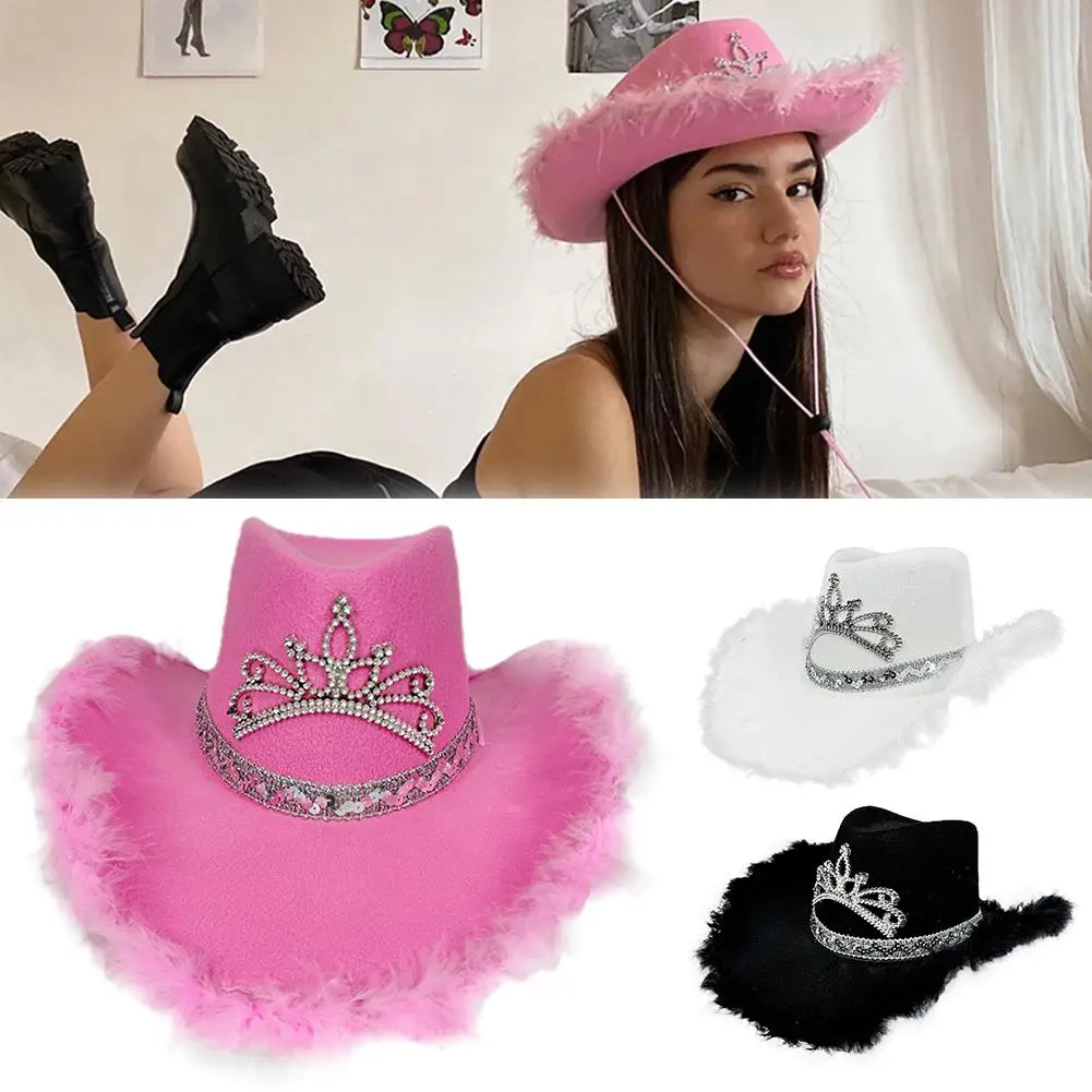 Wide Brim Pink Cowboy Hats Cowgirl Party Carnival Western Jazz Sequin Dress Prop Crown Feather Caps Cosplay Glitter Stylish L9L0