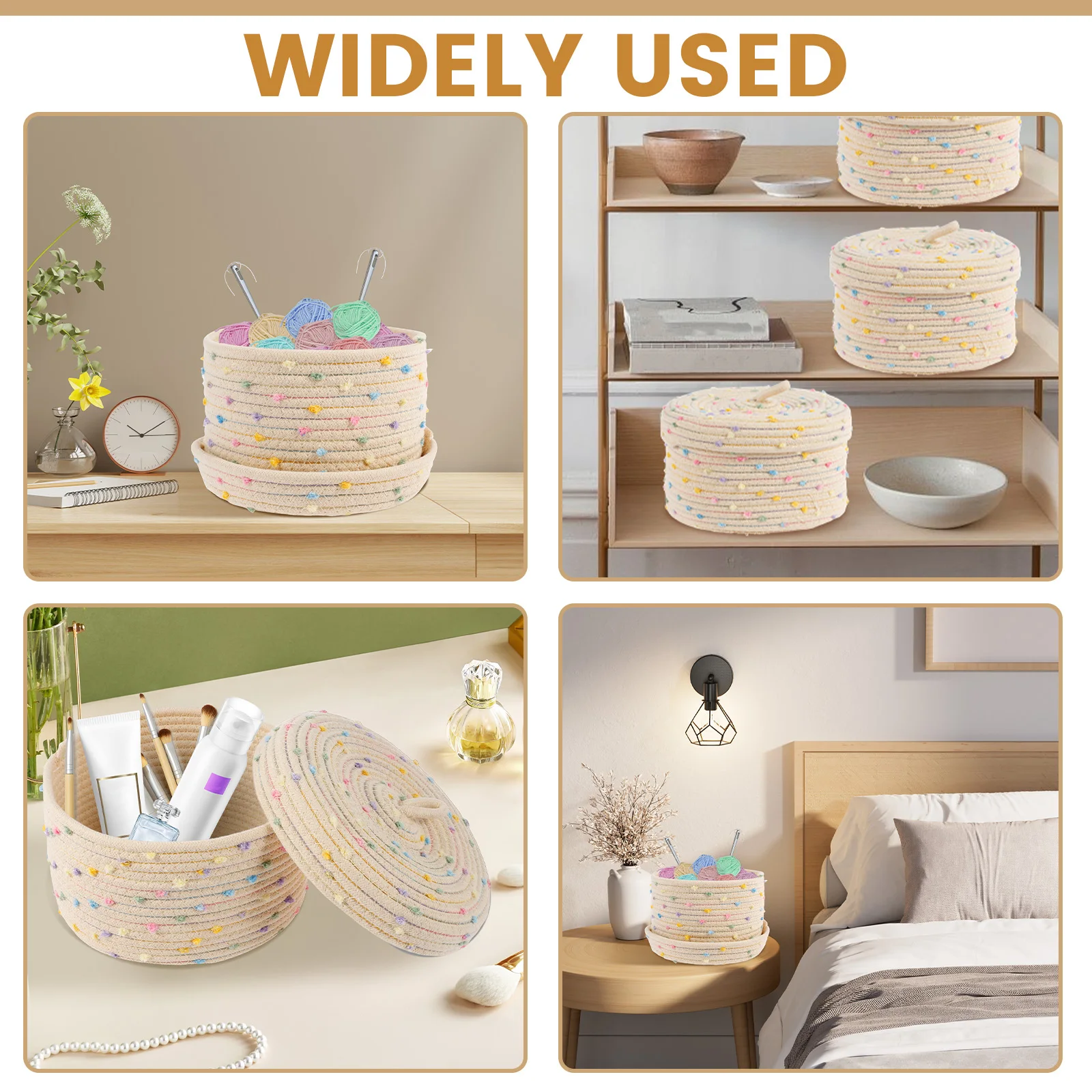 2Pcs Round Basket Cotton Rope Storage Basket with Lid Woven Multi-functional Storage Baskets Lidded Round Organizer Box for Home