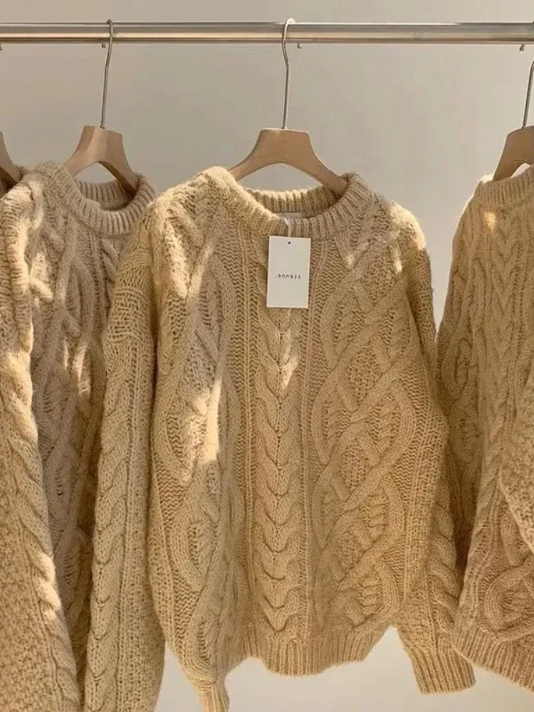 Japanese Retro Korean Off White Fried Dough Twists Sweater Women Thickened Outer Loose Lazy Style Thin Wool Knitting Top Female 2