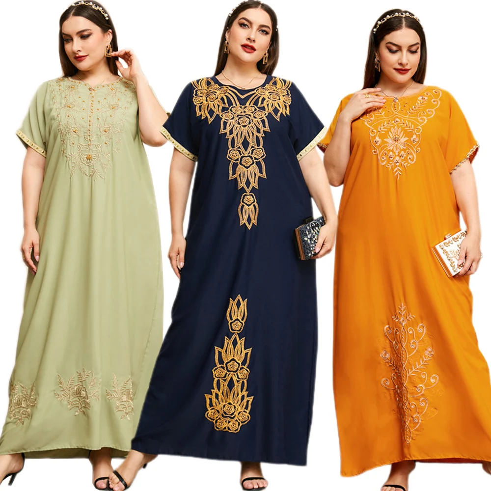 

Islamic Muslim Women Short Sleeve Long Dress Ethnic Abaya Arabic Maxi Robe Middle East Embroidery Beading Kaftan Summer Ramadan