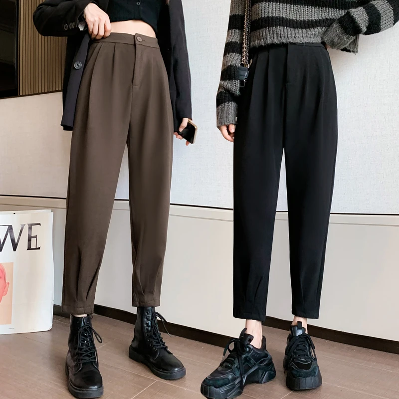 Women's Pants Casual Street Wear Loose High Waist Harem Pants Women's Solid Color Wool Black Brown Trousers Autumn and Winter