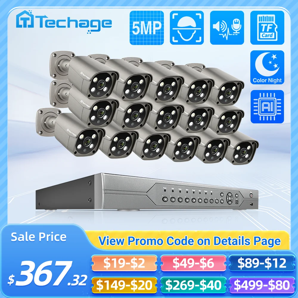 16CH 5MP POE NVR Kit Security camera smart outdoor camera system two way audio H.265 IP AI camera outdoor P2P CCTV video surveillance set