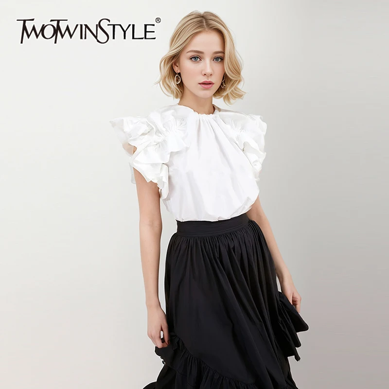 TWOTWINSTYLE Solid Minimalist Pullover Shirt For Women Round Neck Flying Sleeve Spliced Folds Elegant Blouses Female Fashion New