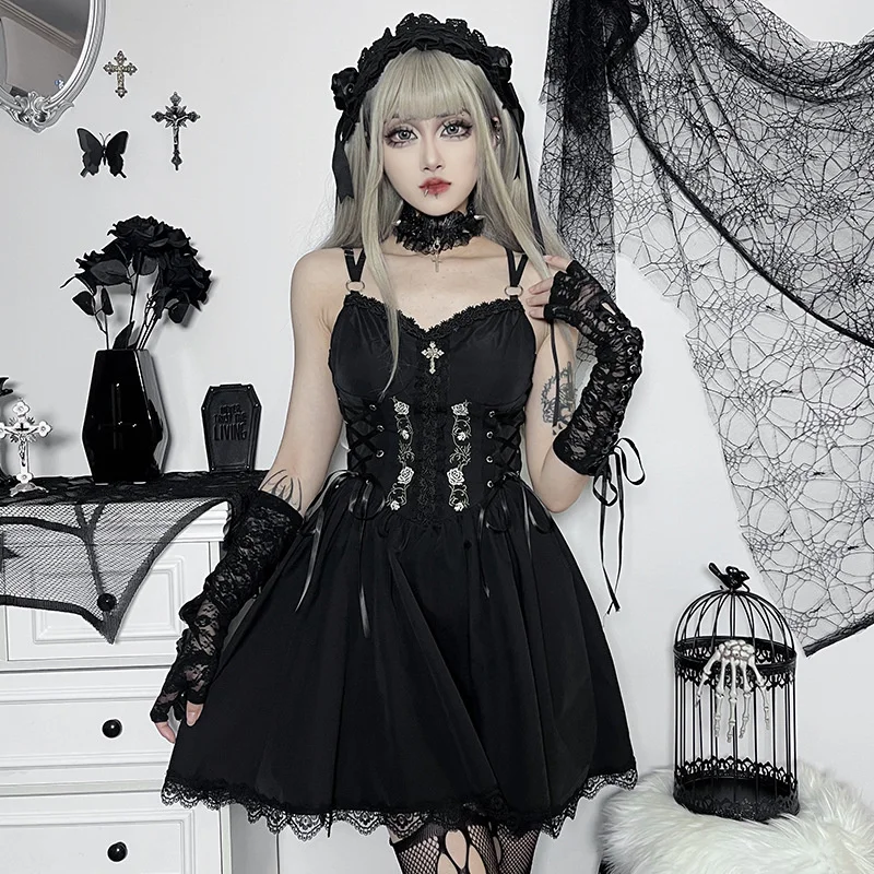 

New Goth Women Fashion Retro Dress Non-sleeve Slim Pleated Pullover Printing Gothic Style Ladies Suspender Dress For Spring