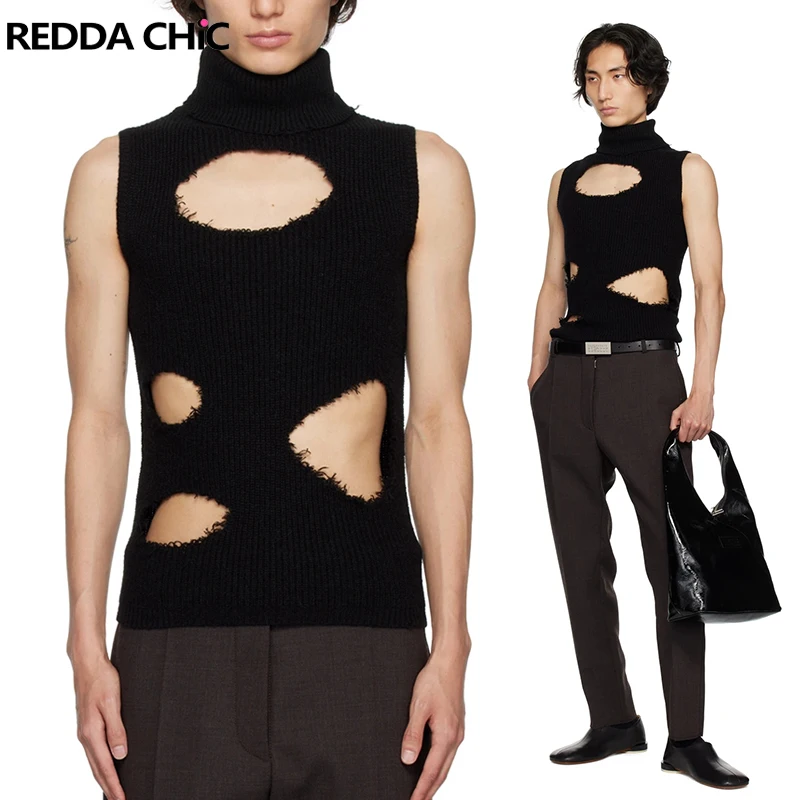 

ReddaChic Men Ripped Turtleneck Sleeveless Sweater Vest Rib Knitwear Black Plain Casual Hollow-out Pullover Top Y2k Streetwear