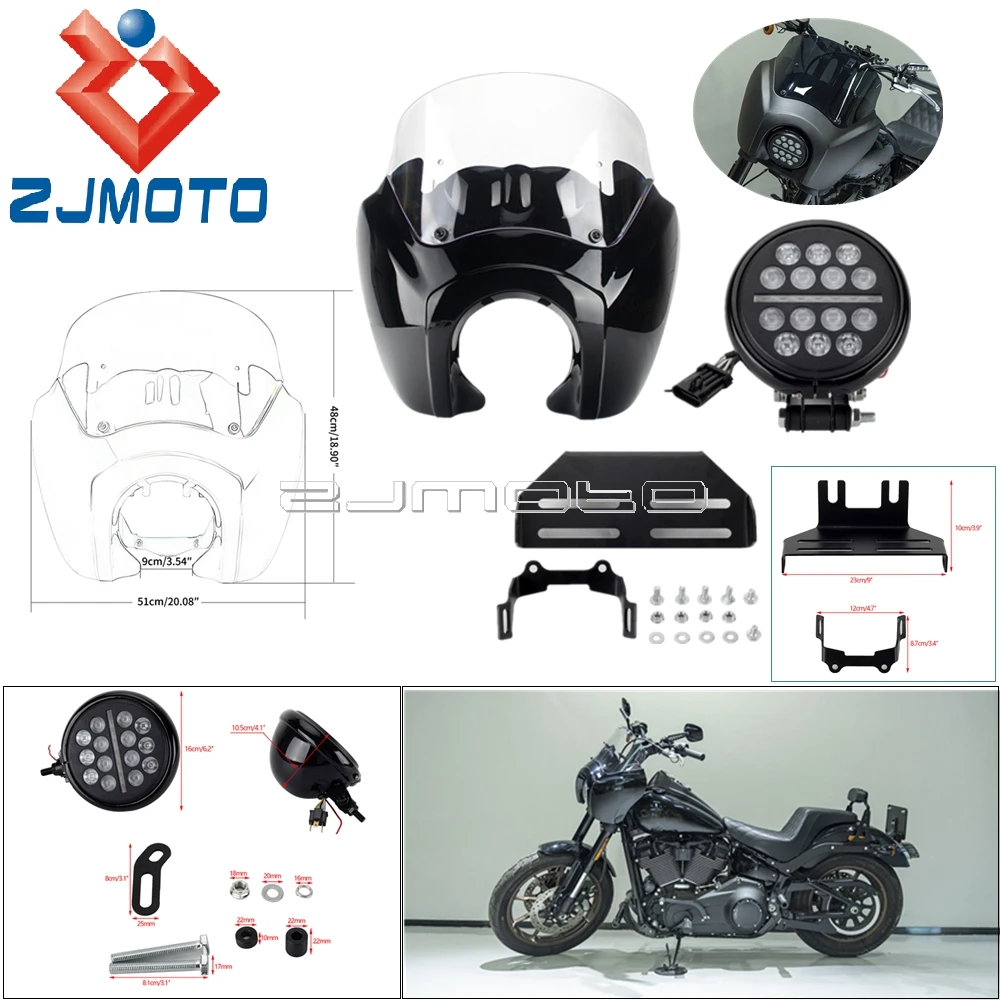 

Motorcycle Fairing Windshield w/ 5.75'' LED Headlight + Bracket + Bezels Trim Cover For Harley Softail Low Rider S 114 117 20-22
