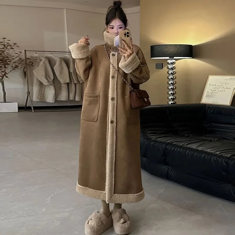 2024 Winter Thick Women Long Double sided Lamb Plush Suede Suit with Leather Fur Integrated Environmental Protection Fur Coat WF