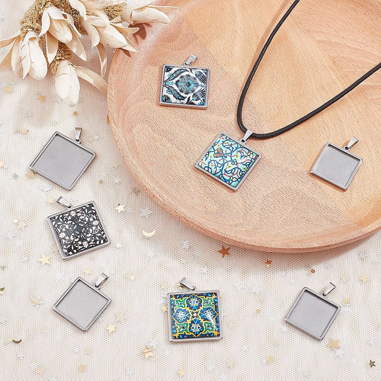 5 Stücke Edelstahl Quadrat Anhänger Cabochon Basis Tablett Lünette Blank Cameo Einstellungen Für DIY Schmuck Machen Halskette Zubehör – Detail 9