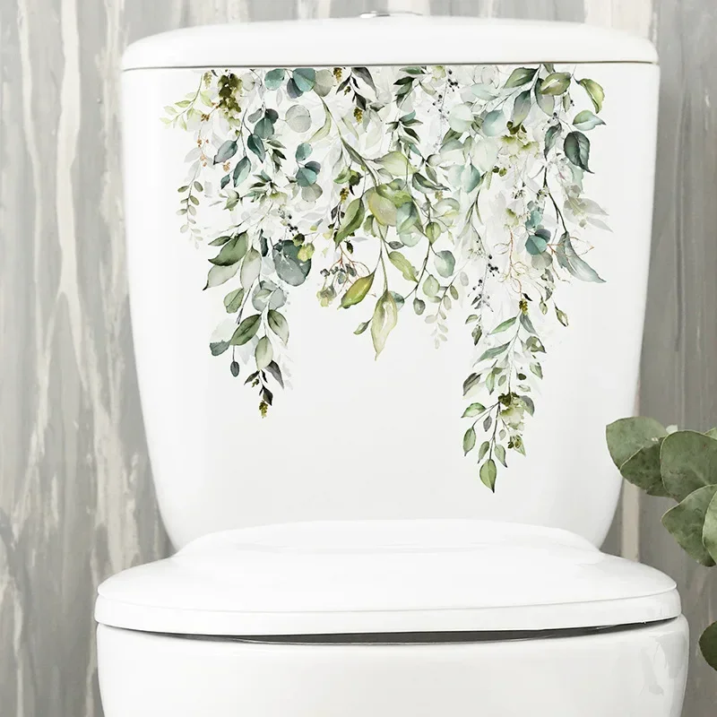 Fresh Green Plant Leaves Bathroom Toilet Stickers Decorative Beautify Home Remodeling Wall Stickers Self-adhesive Decals