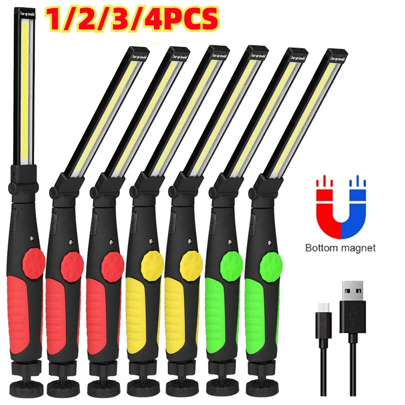 1/2/3/4Pcs COB led work light led flashlight camping lamp Rechargeable with Hook Magnetic Base Portable Inspection Light for Car Repair Emergency