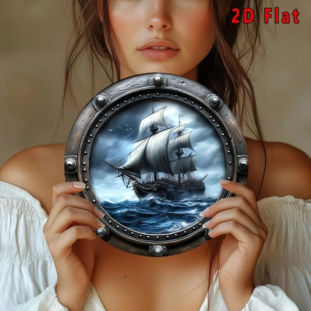 1개 8x8인치(20x20cm) 원형 2D 평면 장식 사인 - 바다 폭풍의 천공에서 보이는 2D 해적선, 방 장식에 적합