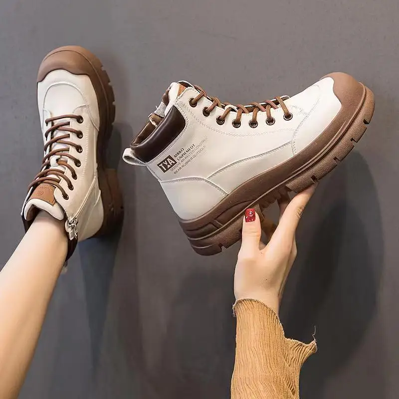 Genuine Leather Martin Boots for Women in Spring New Women's Boots Sith Thick Soles Side High Rise Canvas