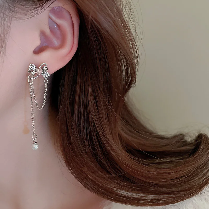 Милые серьги с бантом и кристаллами для женщин, роскошные серьги-подвески с искусственным жемчугом и длинными кисточками в форме сердца, подарочные украшения для женщин