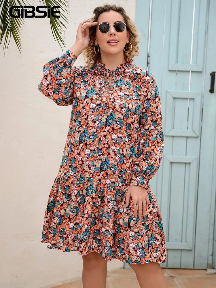 

GIBSIE Tie Neck Floral Print Ruffle Hem Dress Women Vintage Elegant Autumn Midi Dresses 2022 Plus Size Long Sleeve Women's Dress