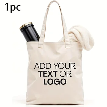 1/20pcs custom tote bag-reusable durable polyester shopping bag with personalized text/logo, open design, beige casual lady bag 1